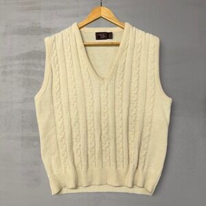 Vintage Cambridge Classics Sweater Vest Cream Cable Knit V-Neck Wool Blend Large